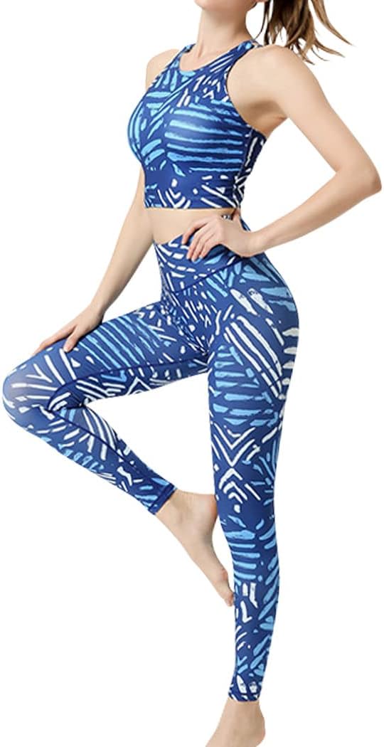 [DAYCLOSET] ヨガウェア レディース 上下セット タンクトップ カップ付き レギンス 薄手 ストレッチ yoga103 (M, ピンク) — ブルー