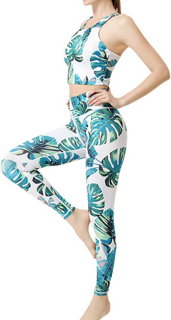 [DAYCLOSET] ヨガウェア レディース 上下セット タンクトップ カップ付き レギンス 薄手 ストレッチ yoga103 (M, リーフ) — リーフ